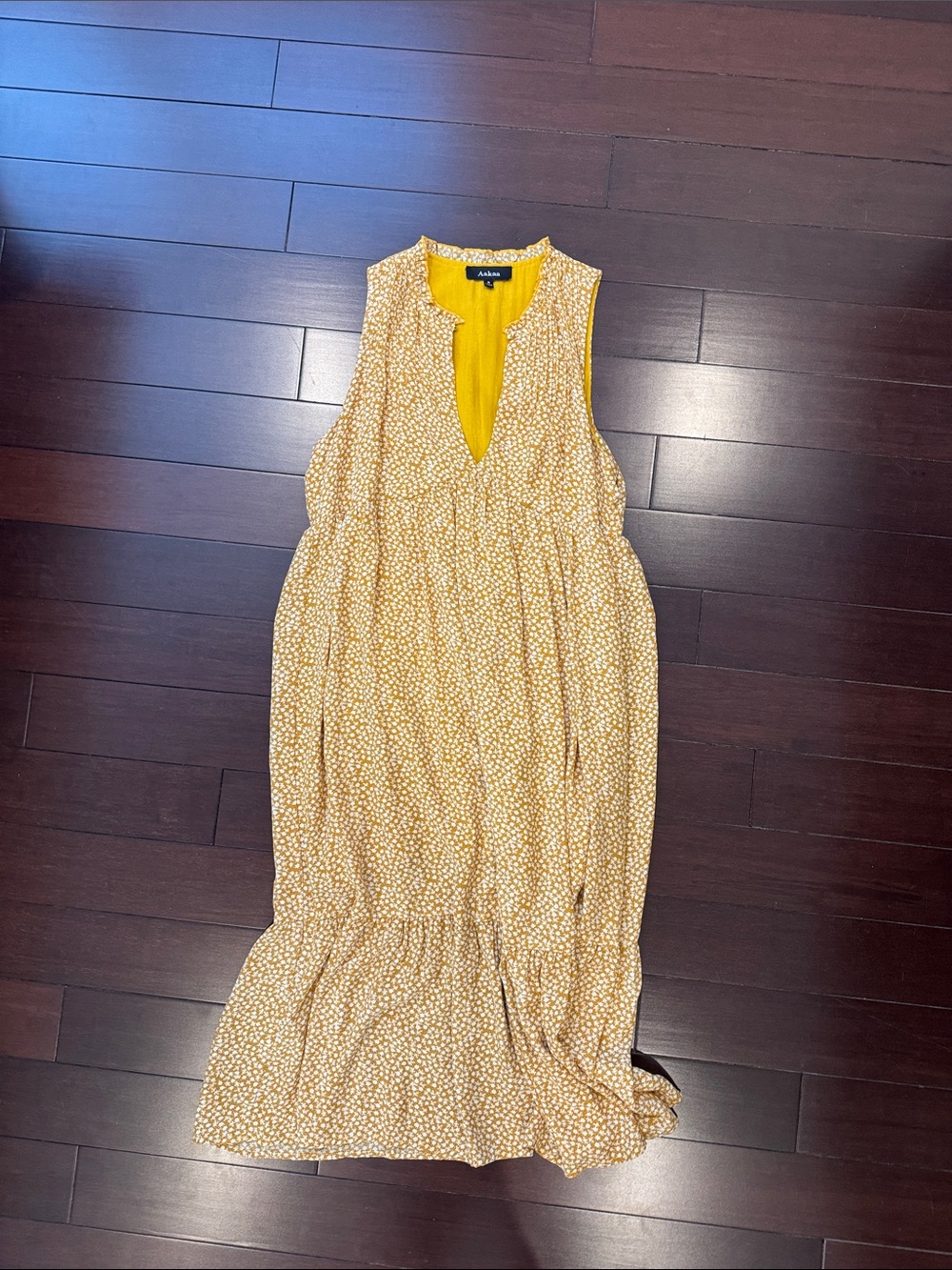 Aakaa Mustard Yellow Printed Sleeveless Maxi Dress